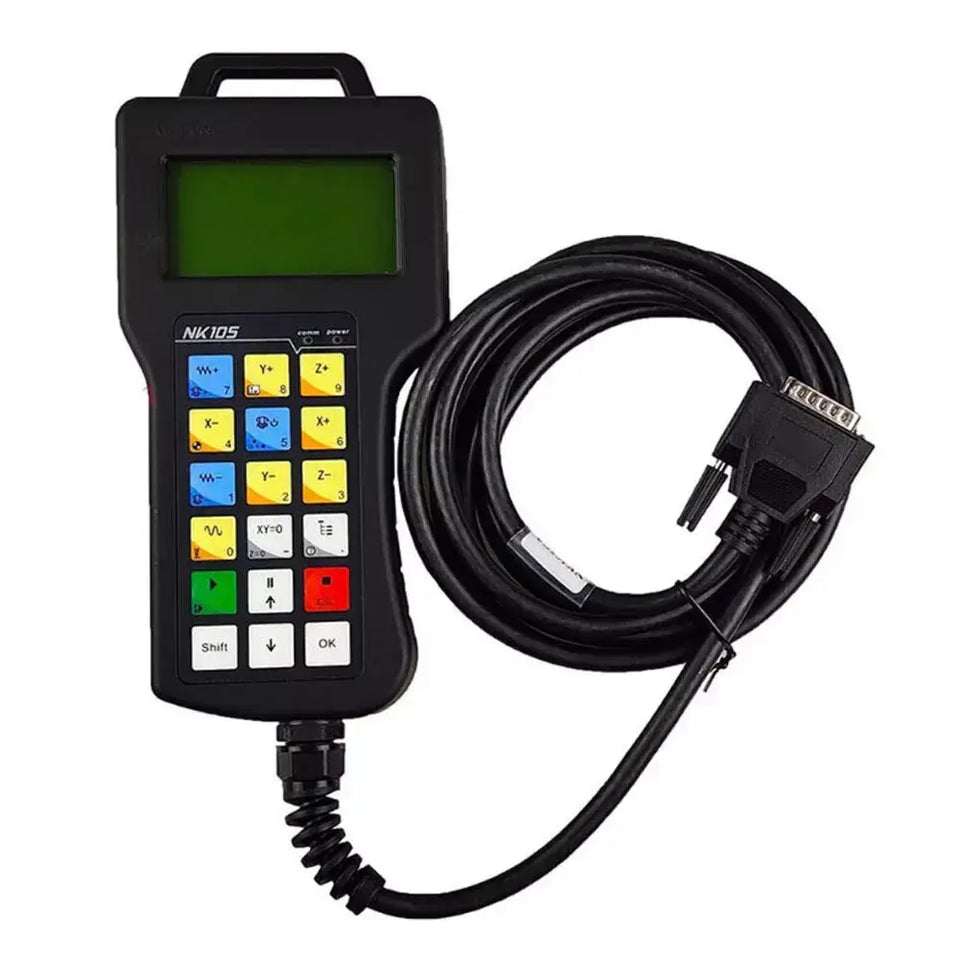 NC Studio controller with LCD screen, colored buttons, and a black cable for CNC machines.