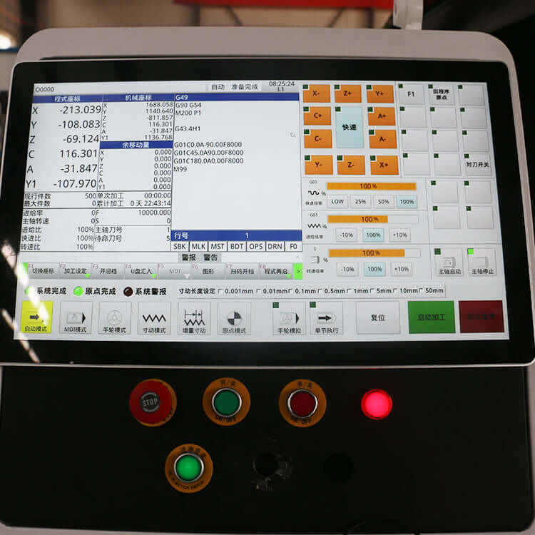 CNC machine control panel displaying various operational settings and buttons