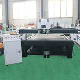 CNC Router with Oscillating Knife for efficient cutting of wood, fabric, and rubber, showcasing industrial workshop setting.