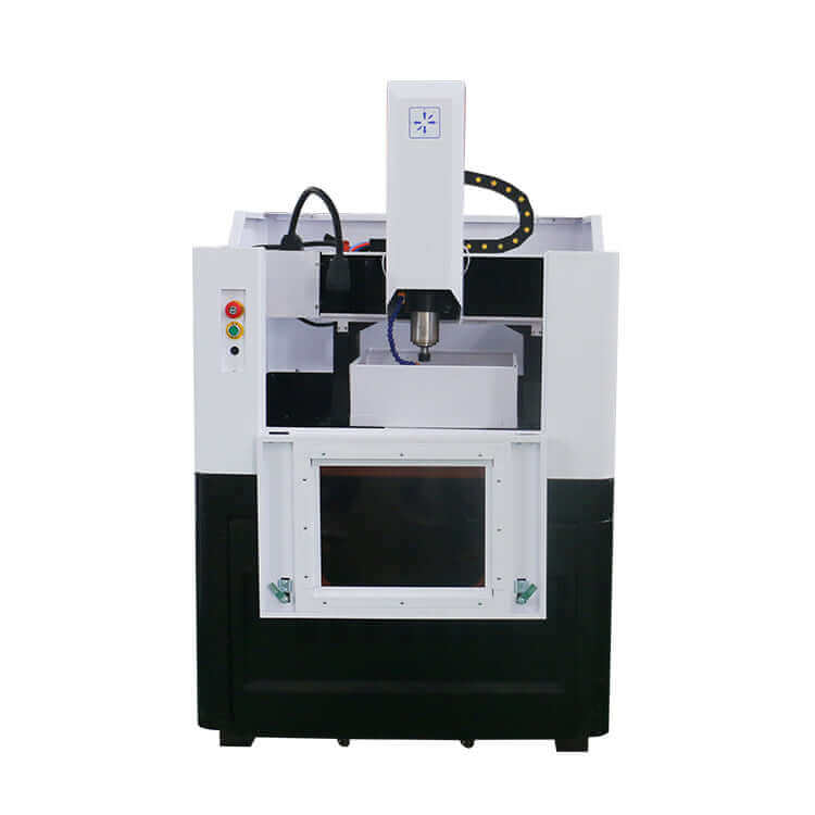Compact CNC milling machine with black and white design, featuring control panel and spindle, ideal for precision manufacturing.