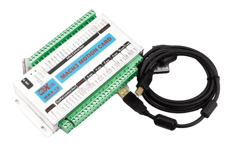 Mach3 motion control card with USB cable for CNC machines, green and white design, MKX-V model.