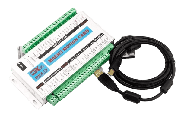 Mach3 motion control card with USB cable for CNC machines, green and white design, MKX-V model.